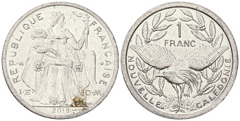 Французская Новая Каледония 1 франк 2018 птица кагу, (IEOM) KM 10, Schoen 10 алюминий 54-1941