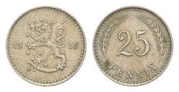 Финляндия 25 пенни 1936 KM 25 медно-никель 4647-454