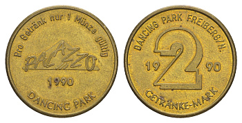Германия жетон в 2 марки 1990 танцующий парк Фрайберг, диаметр 25 мм, вес 6 гр латунь 4171-841