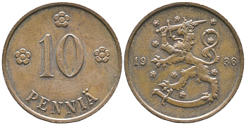 Финляндия 10 пенни 1936 республика (1918-1962) KM 24 медь 34-112
