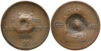 НОРВЕГИЯ 1/2 СКИЛЛИНГА 1840 КАРЛ XIV ЙОХАН, ШВЕДСКИЙ (1818-1844) KM 305.1 медь 28-1136