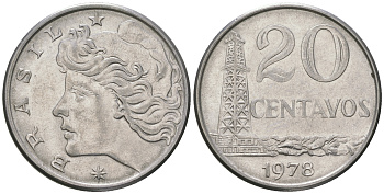 Бразилия 20 сентаво 1978 голова Свободы влево KM 579.1a, Schon 84b нержавеющая сталь 4175-434