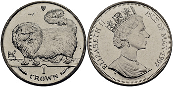 Остров Мэн 1 крона 1997 длинноволосая дымчатая кошка KM 774 медно-никель UNC 00-00