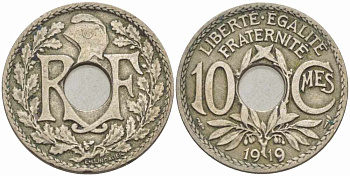 ФРАНЦИЯ 10 САНТИМОВ 1919 ТИП ЛИНДАЙЁ KM 866а, LE FRANC 138.3 медно-никель 108-126
