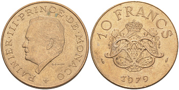 Монако 10 франков 1979 Ренье III (1949-2005) KM 154 медь никель алюминий 190-557
