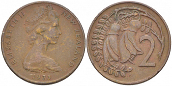 Новая Зеландия 2 цента 1973 Елизавета II (1952-2022), два цветка каухаи KM 32.1 бронза 214-841
