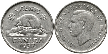 Канада 5 центов 1937 бобр Dot, Георг VI (1936-1952) KM 33 никель 4390-654