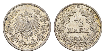 Германия 1/2 марки 1911 G, Вильгельм II (1888-1918) KM 17, J. 16 серебро aUNC 3896-735