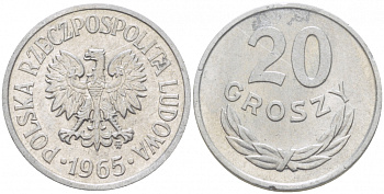 ПОЛЬША 20 ГРОШЕЙ 1965 MW KM A47 алюминий 1526-1034