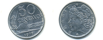 Бразилия 50 сентаво 1977 голова свободы влево KM 580b нержавеющая сталь UNC 86-1046