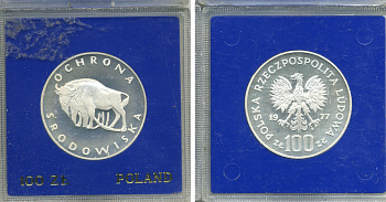 Польша 100 злотых 1977 MW, серия охрана окружающей среды, зубр, в оригинальной пластиковой упаковке KM 87, Parchimowicz 276 серебро PROOF 1069-2-11