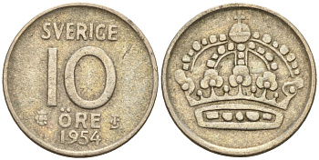 Швеция 10 эре 1954 Густав VI Адольф (1950-1973) KM 823 серебро 4147-868