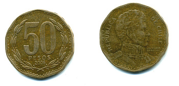 Чили 50 песо 2006 Бернардо О’Хиггинс KM 219.2 алюминиевая бронза 35-316