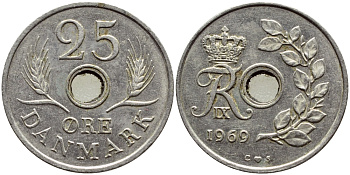 Дания 25 эре 1969 С;S, Фредерик IX (1947-1972) KM 855 медно-никель 4398-956