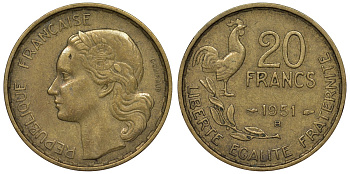 Франция 20 франков 1951 В, петух, 4 пера KM 917.2, Le Franc 402.8 алюминиевая бронза 4128-541