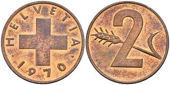 Швейцария 2 раппена 1970 KM 47 бронза UNC 4592-733