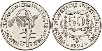 Валютное сообщество стран Западной Африки 50 франков 1997  KM 6 медно-никель  UNC  4595-737