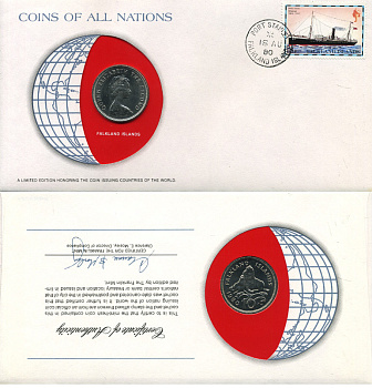 Фолклендские острова 10 пенсов 1980 конверт с маркой первого дня гашения, Coins of Nations KM 5.1 медно-никель UNC 4294-53-2