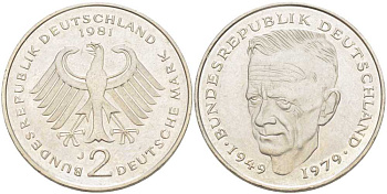 ФРГ 2 марки 1981 J, КУРТ ШУМАХЕР KM 149, J. 324 медно-никель плакированный никелем 117-711