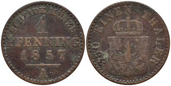 Пруссия 1 пфенниг 1857 A, Фридрих Вильгельм IV (1840-1861) KM 451 медь 4532-264
