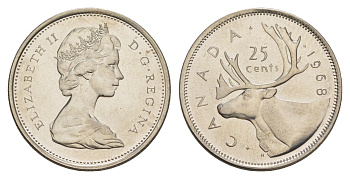 Канада 25 центов 1968 Елизавета II (1952-2022), олень KM 62b никель BU 4541-537