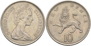 Великобритания 10 пенсов 1971 Елизавета II (1952-2022) KM 912, Spink 4231 (F1) медно-никель 4587-924