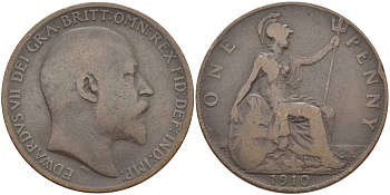 Великобритания 1 пенни 1910 Эдуард VII (1901-1910) KM 794.2, Spink 3990 бронза 111-836