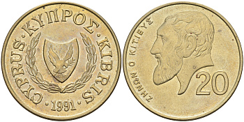 Кипр 20 центов 1991 Зенон Китийский KM 62.2 никель латунь    4595-941