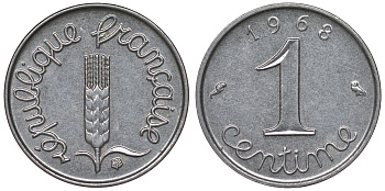 Франция 1 сантим 1968 пятая республика KM 928, Le Franc 106.15 нержавеющая сталь 4124-416