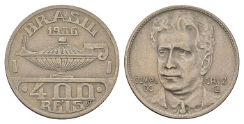 Бразилия 400 реалов 1936 Освалду Крус KM 539 медно-никель 4624-1221