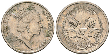 Австралия 5 центов 1997 Елизавета II (1952-2022), ехидна KM 80 медно-никель 4623-326