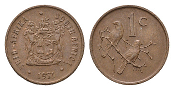 ЮАР 1 цент 1971 герб, капские воробьи KM 82 бронза 4690-1212