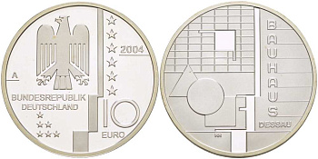 ФРГ 10 евро 2004 A, Баухауз в Дессау, геометрия KM 230, DE.S 10.13 серебро PROOF 1085-5-54