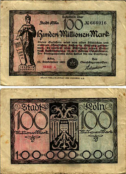 КЁЛЬН 100000000 МАРОК 1923 10 СЕНТЯБРЯ 1923, СЕРИЯ А, НОТГЕЛЬД бумага 8564-33-1