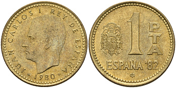 Испания 1 песета 1980 (80) Чемпионат мира по футболу 1982 года в Испании, Хуан Карлос I (1975 - 2014) KM 816 алюминиевая бронза 4605-755
