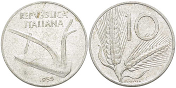 ИТАЛИЯ 10 ЛИР 1955 R, ПЛУГ, КОЛОСЬЯ KM 93 алюминий 175-352