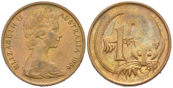 АВСТРАЛИЯ 1 ЦЕНТ 1966 ЕЛИЗАВЕТА II (1952-) МОЛОДОЙ ПОРТРЕТ, ОПОССУМ KM 62 бронза 3309-1269