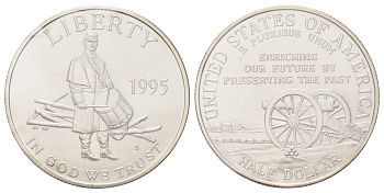 США 1/2 доллара 1995 Сражения гражданской войны, в оригинальной упаковке, с сертификатом KM 254 медь плакированная медно-никель BU 8-2-05-27