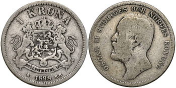 Швеция 1 крона 1898 ЕВ, Оскар II (1872-1907) король Швеции и Норвегии, проба 800, диаметр 25 ММ. KM 760 серебро 27-555