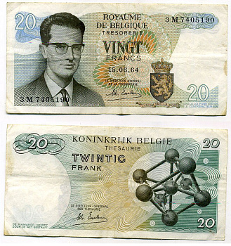 Бельгия 20 франков 1964 Бодуэн I, атомиум, Esselens Pick 138 (2) бумага 7457-41-4-2