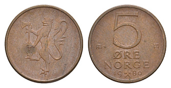 Норвегия 5 эре 1980 Улаф V (1957-1991) KM 415 бронза UNC 4632-1266