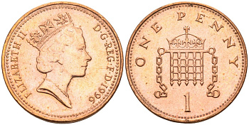 Великобритания 1 пенни 1996 Елизавета II (1952-2022) KM 935a, Spink 4391 (B4) сталь плакированная медью 4115-722