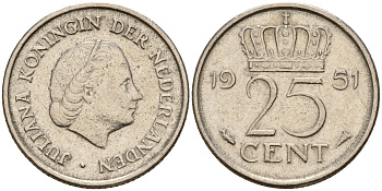 Нидерланды 25 центов 1951 Юлиана (1949-1980) KM 183 никель    4598-347