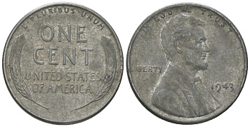 США 1 цент 1943 Авраам Линкольн KM 132 a сталь покрытая цинком 214-469