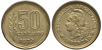 Аргентина 50 сентаво 1970 голова свободы влево KM 68 алюминиевая бронза 4182-146