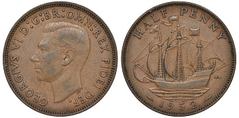 Великобритания 1/2 пенни 1952 Георг VI (1936-1952) KM 868, Spink 4118 бронза 51-1856