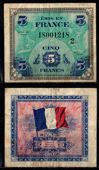 Франция 5 франков 1944 Pick 115 b бумага 8611-22-3-1