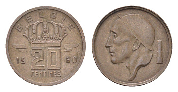 Бельгия 20 сантимов 1960 Belgie, Бодуэн I (1951-1993) KM 147.1 бронза 4705-218