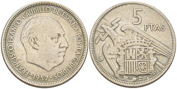 ИСПАНИЯ 5 ПЕСЕТ 1957 (65) ФРАНСИСКО ФРАНКО ДИКТАТОР ИСПАНИИ (1939-1975) KM 786 медно-никель 4551-952