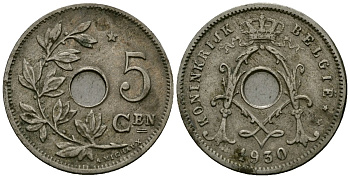 Бельгия 5 сантимов 1930 Belgie KM 67 медно-никель 4173-326
